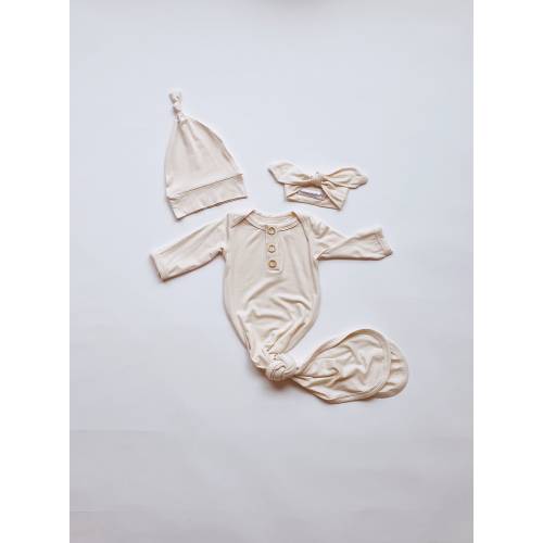 Newborn gown set Beige Mushroom, Knotted Hat & Headband, 3 Piece Set, Made in USA