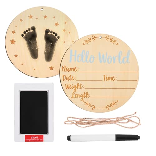 Baby Announcement Sign, 5.9 Inch Round Baby Nursery Name Signs with Ink Pad for Hand and Footprints Wooden Hello World Newborn Sign for Photo Prop(Blue)