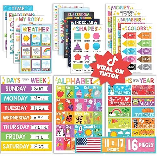 Hadley Designs 16 Educational Posters for Classroom Decor - Colorful Educational Posters for Toddlers 1-3, Toddler Learning Poster for Kids Ages 3-5, Kindergarten & Preschool Classroom Must Haves
