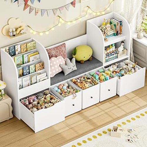 FOTOSOK Kids Bookshelf with Reading Nook, Toy Organizer with Seat Cushion