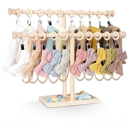 POVETIRE Headband Holder Stand Storage for Baby, 2 Tier Wooden Bow Organizer for Girls Hair Bows, Infant Hair Accessories Rack Display for Nursery Decor