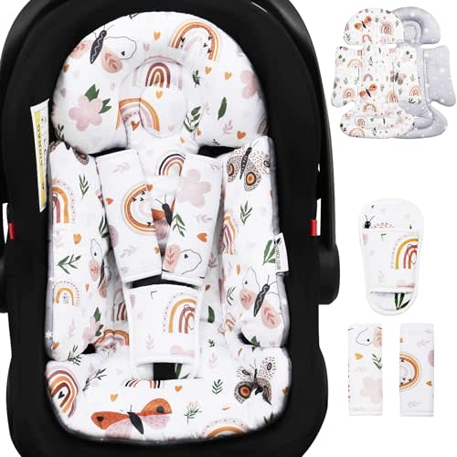 BOMOLOUR Infant Insert, Enlarged Head Support for Baby, Reversible Newborn Insert with 3 Strap Covers, 2-in-1 Baby Cushion for Stroller, Swing, Bouncer, Rocker - Brown Rainbow