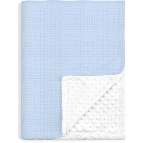 Baby Blankets for Boys, Soft Nursery Minky Blankets with Muslin and Dotted Fleece Back 30x40 inches, Receiving Bed Quilt for Newborn, Infants, Toddlers (Light Blue)