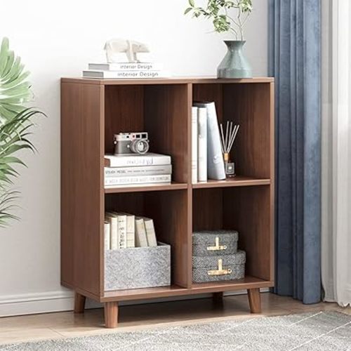 IOTXY Freestanding Open Cubes Bookcase - 2-Tier Floor Standing Wooden Storage Display Cabinet Organizer with Legs for Home Office, 4-Cubes Open Shelf Low Short Bookshelf, Walnut