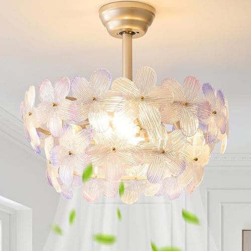 20" Multi Crystal Fandelier Ceiling Fans with Lights, Flower Chandelier Ceiling Fan with Light Remote Control, Morden Caged with 6 Speeds for Bedroom, Nursery, Living Room