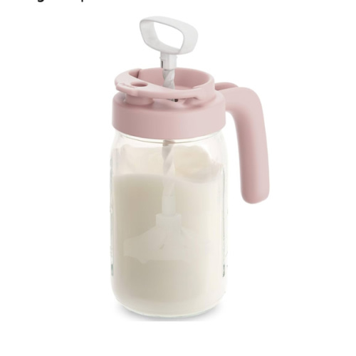 Papablic Glass Breastmilk Pitcher, Formula Mixing Pitcher with Mixing Handle Lid, Wide Mouth Mason Jar Mixer with Flip Locking Spout, Easy to Clean, BPA Free, Pink