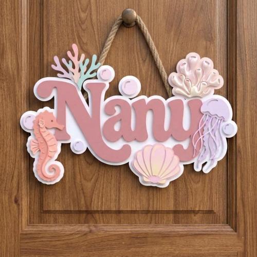 Custom 3D Ocean Name Sign, Sea Horse and Jellyfish Nursery Decor, Personalized Nautical Girls Room Decor, Pink Baby Nursery Wall Hanging