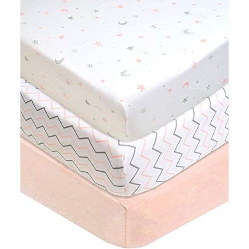 American Baby Company 3 Piece 100% Cotton Jersey Knit Fitted Crib Sheet for Standard Crib and Toddler Mattresses, Blush Pink Star/Zigzag, for Girls