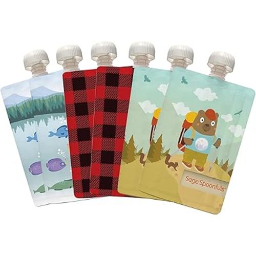 Sage Spoonfuls Reusable Baby Food Pouches - 6 Pack, Baby Food Storage, Pouches Toddler, Refillable Squeeze Pouch for Kids (Camping), Dishwasher and Freezer Safe, BPA Free