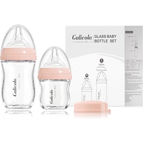 Gulicola Natural Glass Baby Bottle Newborn Set, 3 oz and 5 oz with Extra Slow Flow & Slow Flow Nipple, Anti Colic, 0-3 Months, 2 Pack - Pink