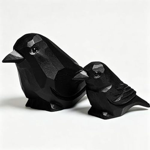 Hand-Carved Wood Raven Black Bird Crow Figurine Set (Pack of 2)