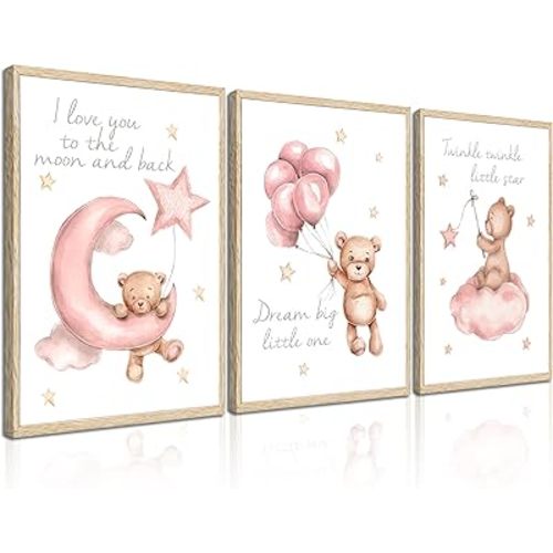 3Pcs Pink Teddy Bear Nursery Wall Art Prints, Dream Big Little One I Love You to the Moon and Back Twinkle Twinkle Little Star Posters, Baby Girl Room Decor for Nursery Playroom 12x16in Unframed