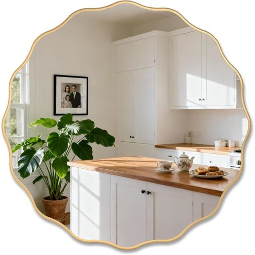 26" Wavy Mirror Scalloped Farmhous Modern Wood Farme Mirror Wall Decor for Bathroom Entryway Living Room Bedroom Hallway