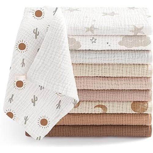 Bearmoss Lot de 10 débarbouillettes en mousseline 100 % coton pour nouveau-né garçon fille 25,4 x 25,4 cm (soleil)