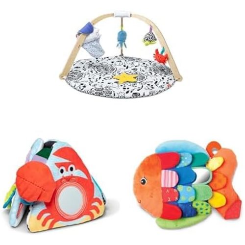 Melissa & Doug Ocean Baby Play Set: Wooden Play Gym with 5 Sensory Toys & Play Mat, Tummy Time Triangle (0-6 Months), and Flip Fish Soft Book with Mirror (0-9 Months)