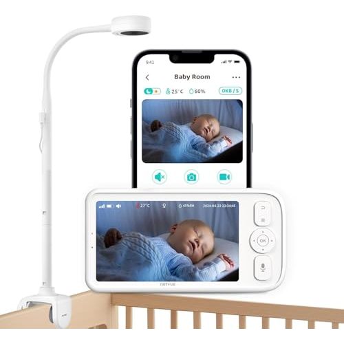 Baby Monitor with Camera and Audio, 5’’ Screen & App, 2.4GHz WiFi Secure Link, Sleep Tracking, Cry Detection, Night Vision, Temp & Humidity Monitor, 2-Way Talk, 5GB Cloud Storage, 4-in-1 Mount
