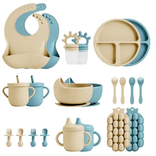 JELLDJK 22 Pcs Silicone Baby Feeding Set, Baby Eating Utensils | Suction Plate, Bowl, Bib, Sippy Cup, Fruit Feeder & Freezer Tray, Training cup with straw, Silicone Fork & Spoon (Blue+Beige)