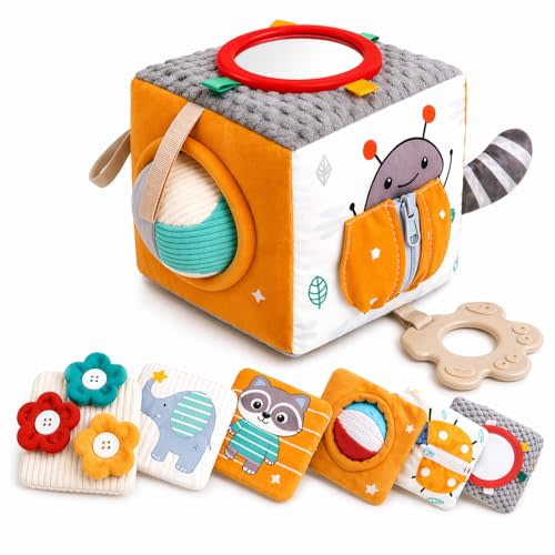 Baby Activity Cube Toy 8-in-1 for Babies 6-12 Months | Montessori Sensory Cube with Mirror, Teether, Crinkle Textures & Fine Motor Activities | Soft Busy Cube Toy for Toddler