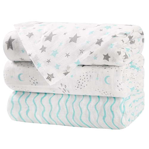 Little Grape Land Baby Muslin Swaddle Blankets 3-Pack, 100% Cotton Muslin Blankets, Baby Swaddle Wrap Neutral Soft Breathable Blankets for Newborn Infant Boys Girls, 47x47", Aqua