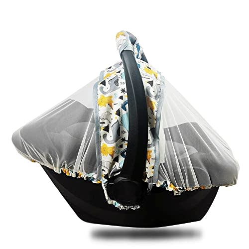 Mosquito Net for Baby CarSeat –Car seat net for Newborn Carrier –Breathable mesh net for Infant Car Seats, Stroller and Bassinets, Carrier, Elastic Edge, Kick Proof, Dinosaur, White, Patent Design