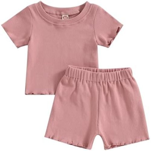 Kupretty Toddler Baby Girl Summer Clothes Ruffle Ribbed Knit Short Sleeves T-Shirt Tee Tops + Shorts Cute Outfits Set