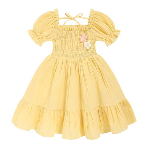 ZEHJUHAN Toddler Girls' Solid Color Bubble Sleeve A-Line Dress With Hand-Crocheted 3D Flower, Summer Tie Back Sundress for Vacation & Holidays, Pink，2Y