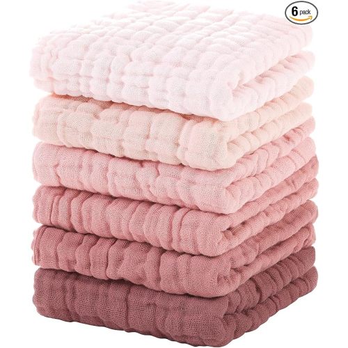Unnivoll Muslin Burp Cloths Baby 12''X12'',Baby Washcloths 6 Pack, 100% Cotton Baby Wash Cloths Absorbent And Soft For Newborn Infants Kids Boys Girls Pink