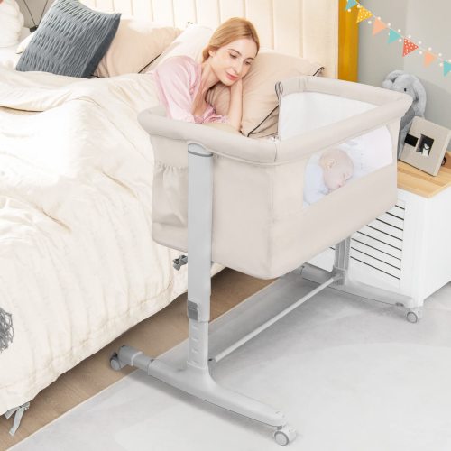 Costzon Bassinet Bedside Sleeper, 3 in 1 Folding Crib w/ Adjustable Height, Mattress, Portable Baby Bassinet
