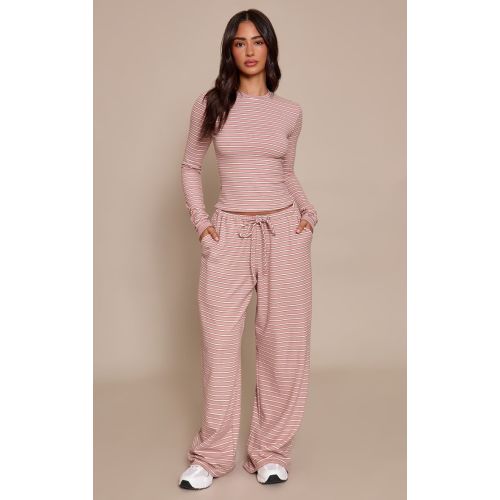 Petite Beige Striped Soft Fleece Straight Leg Joggers