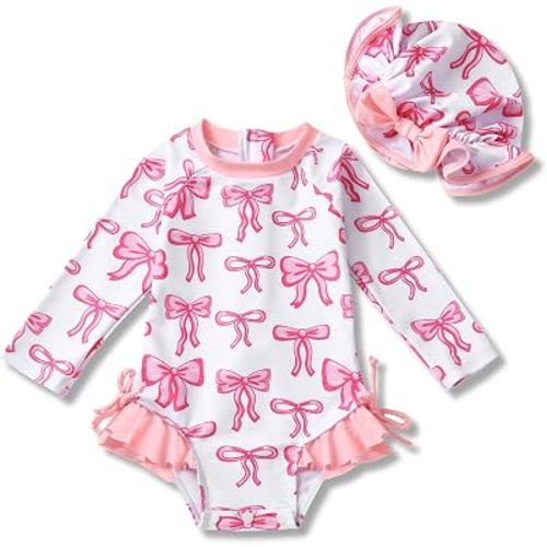 AMAWMW Infant Baby Girl Swimsuit Long Sleeve One-Piece Swimwear with Hat Rash Guard Floral Zipper Bathing Suit Beach Wear