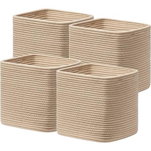 joybest 11inch Cube Storage Bins Set of 4, Cotton Rope Woven Organizer Basket for Shelves, Cube Bin Square Shelves Organizer Closet Storage, Nursery, Toy Organization, Brown