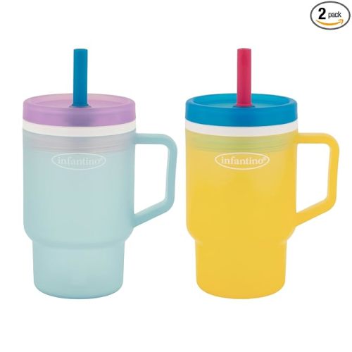 Infantino My 1st Tumbler, 10 Oz. Durable Plastic Sippy Cup with Silicone Leak-Resistant Straw & Handle, for On-the-Go, BPA-Free Transition Cup, Cool Breeze & Lemon Rizz, 2-Pack