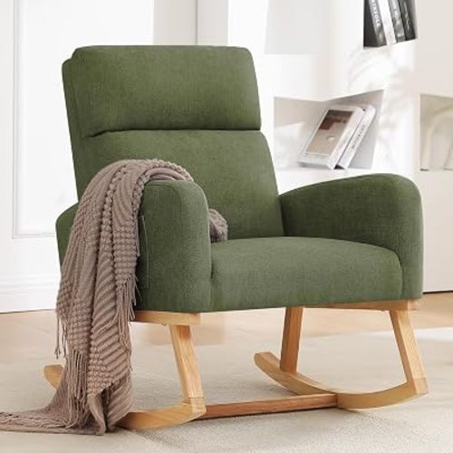 HCHAIRH Rocking Chair Nursery, Upholstered Fabricr Nursing Rocking Chairs with Soft High Back, Modern Nursery Glider Rocker for Mom Living Room, Bedroom, Dark Green