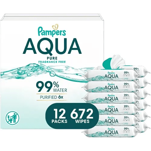 Pampers Baby Wipes Aqua Pure, 99% water-based wipes, Hypoallergenic and Unscented Baby Wipes, 672 Wipes Total (12 Flip-Top Packs)