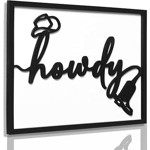 3D Wood Howdy Sign Wall Decor, Texas Country Wall Art, Framed Western Cowboy Pictures Wall Decor for Living Room Bedroom(Ready to Hang, 12x16 Inch, Framed)
