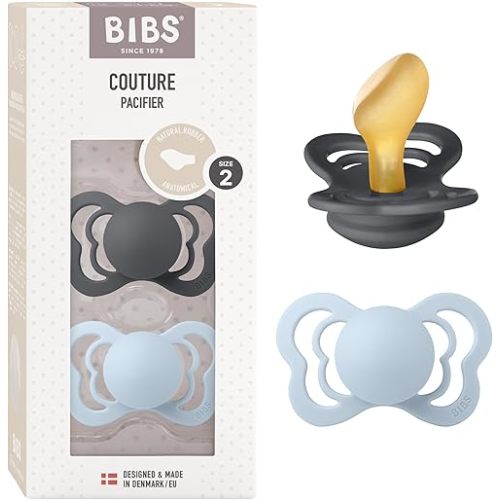 BIBS Pacifiers - Couture Collection | BPA-Free Baby Pacifier | Made in Denmark | Set of 2 Iron/Baby Blue Color Premium Soothers | Size 6-18 Months
