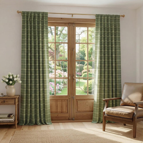 Ebern Designs 100% Blackout Curtains for Bedroom, Rod Pocket & Back Tab Brighton Windowpane Pattern Window Treatments for Living Room, 2 Panels | Wayfair