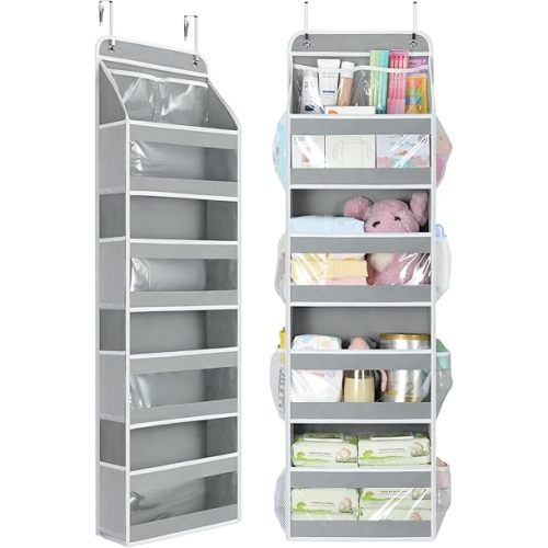 Yecaye 5 Tier 1Pc Over the Door Organizer, Swing-proof Door Organizer Hanging with Clear PVC Windows, Behind the Door Storage for Bedroom Nursery Closet Laundry Pantry Bathroom, Grey
