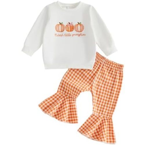 fhutpw Infant Baby Girl Fall Clothes Toddler Winter Outfits Ruffle Sleeve Sweatshirts Plaid Bell Bottom Pants Headband Set