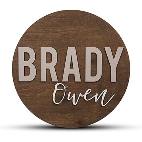 Custom Round Nursery Name Sign, Personalized Wooden Wall Plaque, 12" 18" 24", 30" 3D Wall Art for Children & Kids Rooms, Baby Shower, Hickory Hollow Designs (Brady Owen)