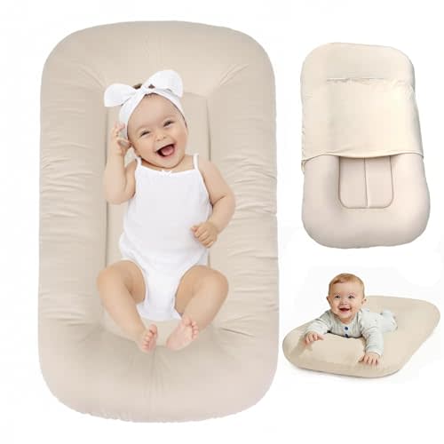 Baby Lounger 0-24 Months,Bionic Design Infant Lounger for Home and Travel with Cover,Breathable Baby Nest Waffle Fabric & 3D Support Newborn Babies Essentials Gifts,Cream White