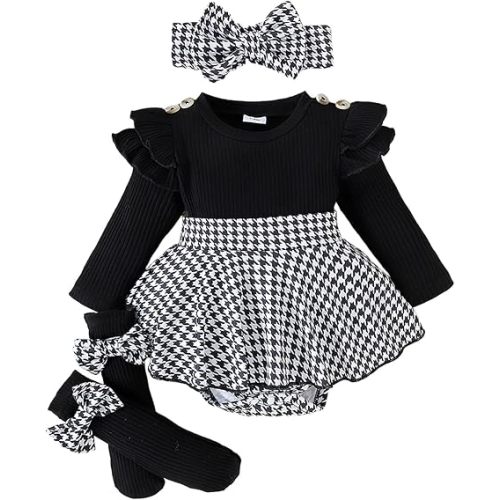 Giraropa Baby Girl Fall Winter Clothes Long Sleeve Romper Dress + Socks + Headband Newborn Infant Cute Casual Outfits