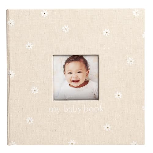 Pearhead Floral Linen Baby Book, Keepsake Memory Book for Baby Girl, With Baby Photo Insert, Timeless Spiral Bound Scrapbook, Beige and White