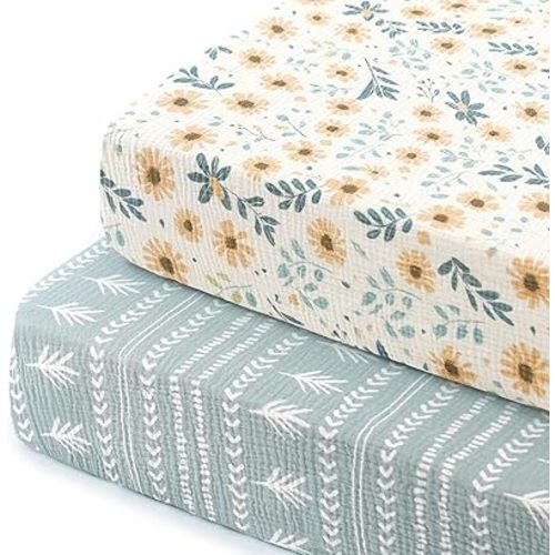 GRSSDER 100% Cotton Muslin Crib Sheet 2 Pack - Breathable & Ultra-Soft Fitted Crib Sheets for Standard Baby & Toddler Mattresses, 52"x28" with 9" Deep Pocket, Snug Fit All-Around Elastic