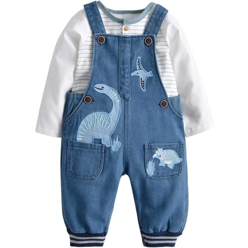 Baby Boy Clothes Set Infant Boy's Long Sleeve Romper+Dinosaur Denim Overalls Toddler Boys Fall Winter Outfits Suit
