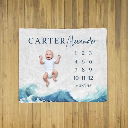 Ocean Milestone Blanket Baby Boy Personalized with Name Month Tracker, Blue Waves monthly age growth blanket, Photo Prop Custom Shower Gift
