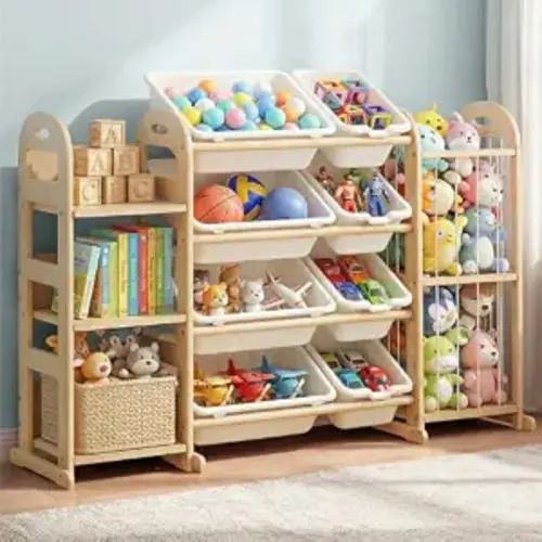Wooden Toy Storage Organizer, Toy Organizers & Storage with Stuffed Animal Storage, Toy Storage Shelf with 3 Shelves, 8 Storage Bins, Kids Bookshelf, Toy Holder for Toddler Rooms, Playrooms, Bedrooms