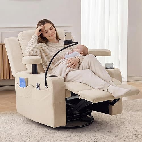 Furnimart Power Rocking Chair Nursery with Adjustable Armrests, Triple Motor Glider Recliner Swivel Nursing Chair for Breastfeeding with Phone Holder, Side Storage, Soft Waterproof Fabric, Beige