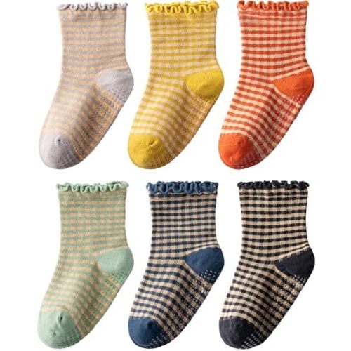 HONGTEYA 6 Pairs Toddler Ruffle Socks for Girls Non Slip Baby Socks with Grips for 1-2 Years 3-4 Years 5-6 Years Girls Boys