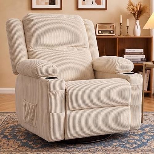 360° Swivel Rocker Recliner Chair with Heat & 8-Point Massage, Oversized Manual Nursery Glider Recliner with USB Port, Cup Holders, Storage Pockets, 400 lbs Capacity, (Beige)